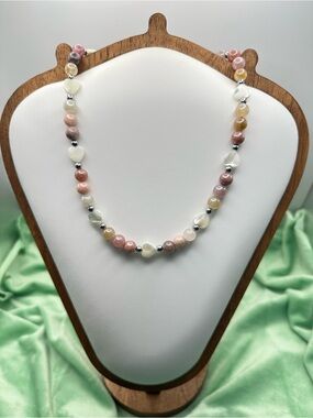 Pink Sunstone Mother of Pearl Heart Necklace Handmade